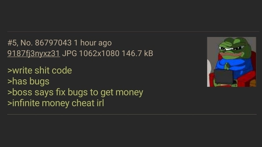 The meme is a screenshot of a 4chan post with a picture of a frog (Pepe the Frog) in a business suit and tie, holding a laptop and looking smug. The text above the image reads "I can explain how to hack into any website and get away with it".